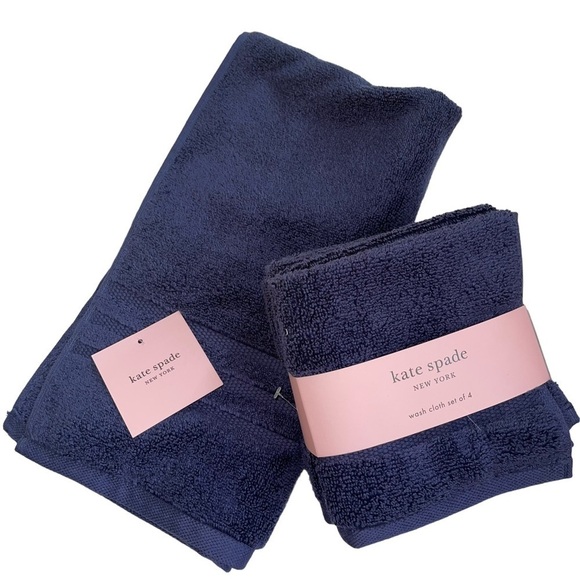 Kate Spade 5 piece Set Navy Blue Hand Towel & 4 Washcloths cotton NWT - Picture 1 of 7